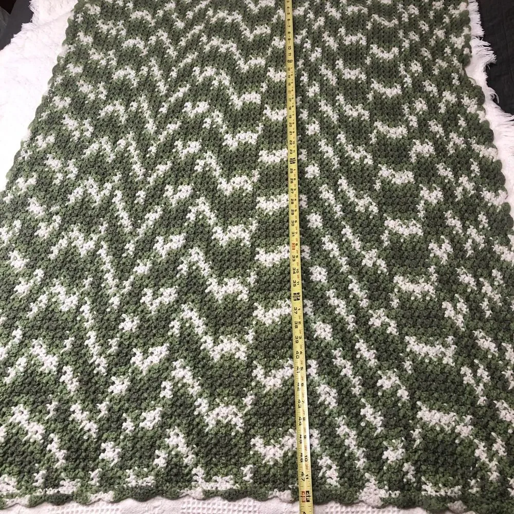 Homemade Green, Light Green, White Afghan Throw Camo 48” X 38” Scalloped Edge